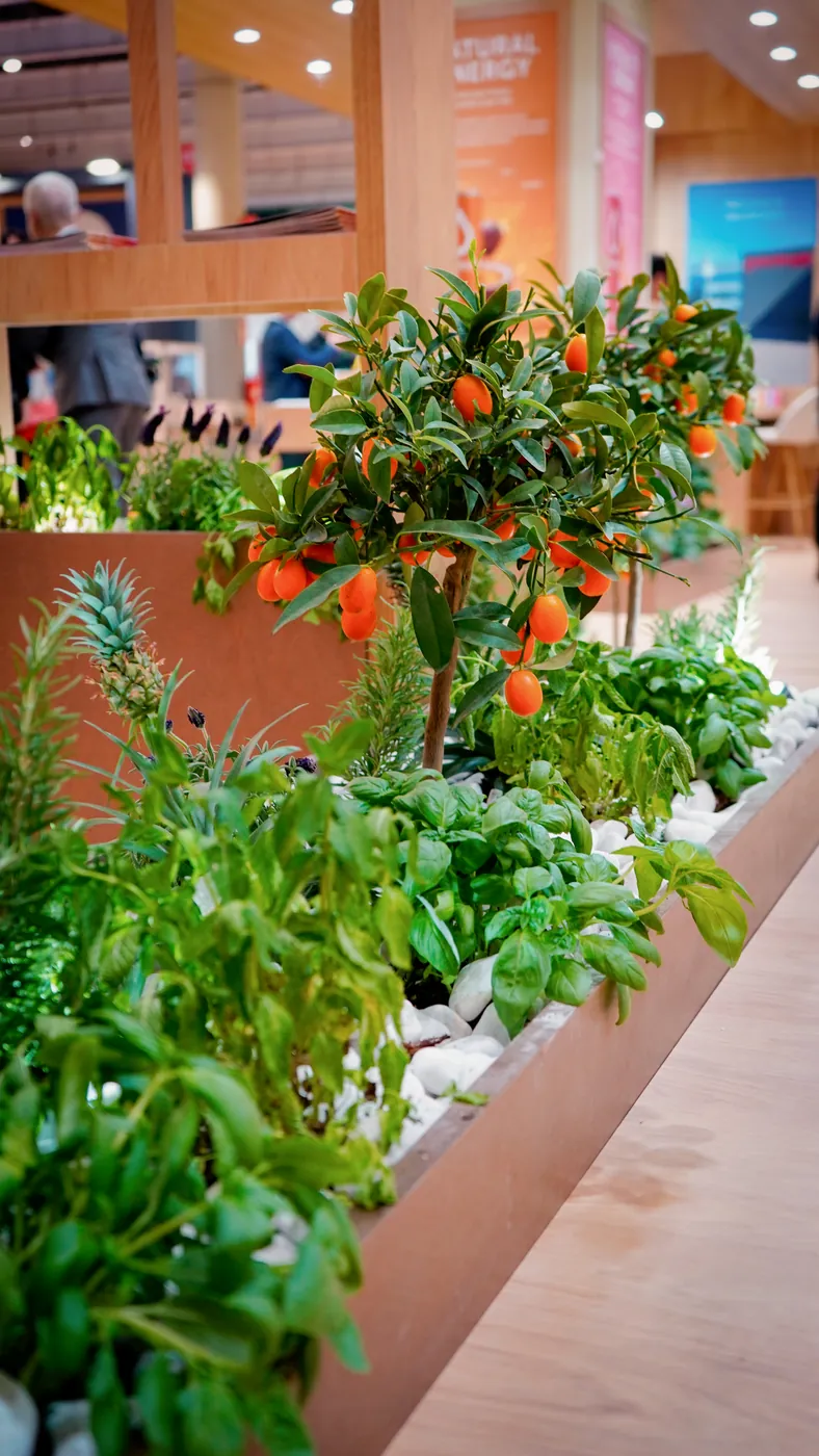 Jardinera y vegetación integrada en un stand construido por ROCMA